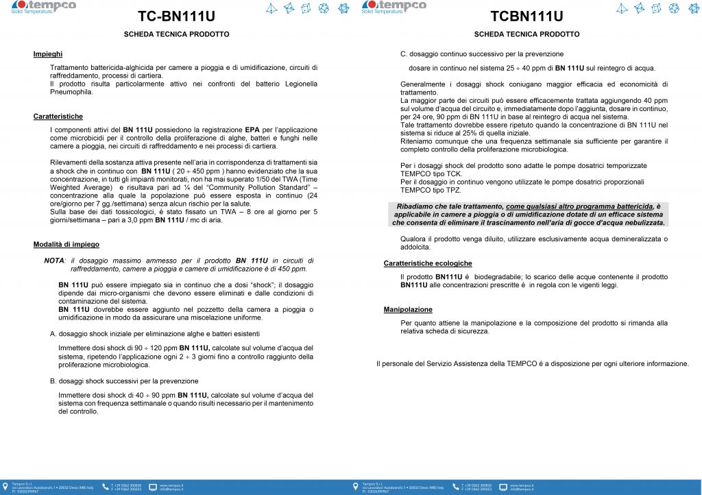 battericida antilegionella BN111U Tempco