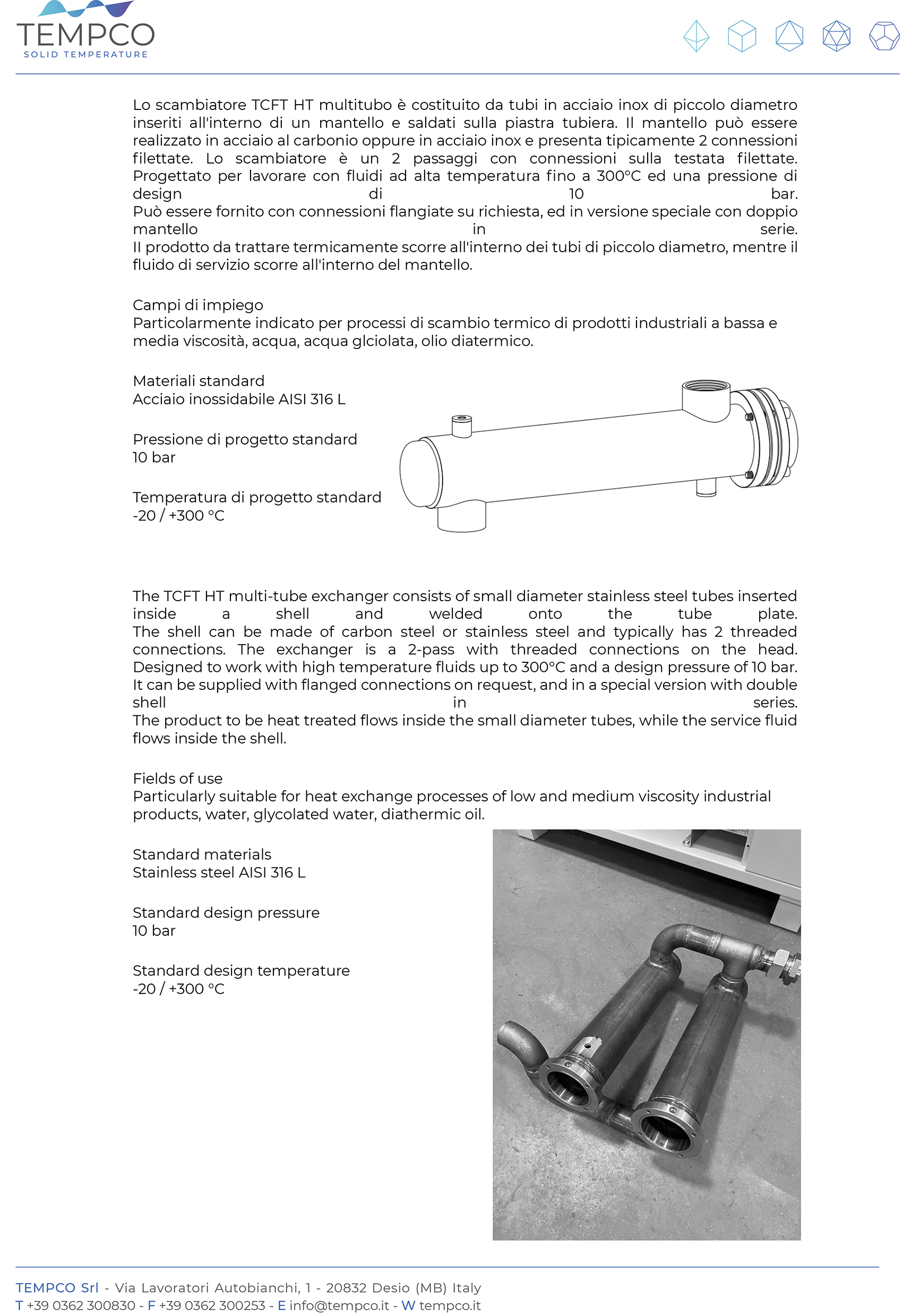 L'immagine mostra la brochure tecnica degli speciali scambiatori a fascio tubiero Tempco per olio ad alta temperatura per unità di termoregolazione