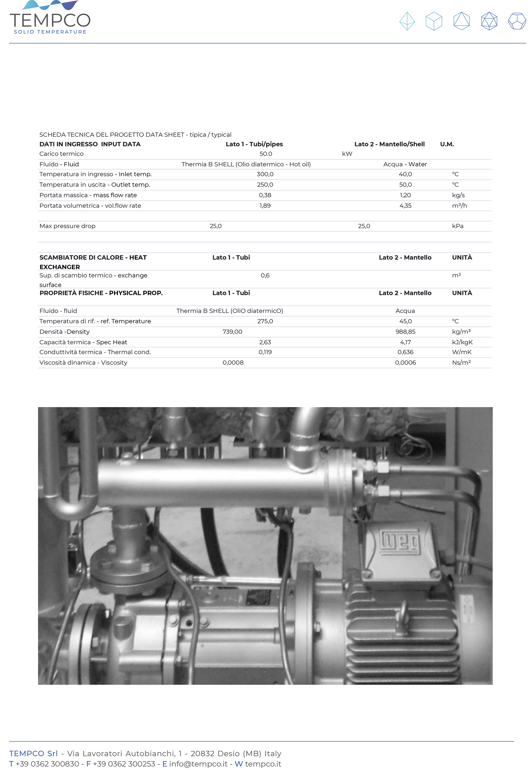 L'immagine mostra la brochure tecnica degli speciali scambiatori a fascio tubiero Tempco per olio ad alta temperatura per unità di termoregolazione