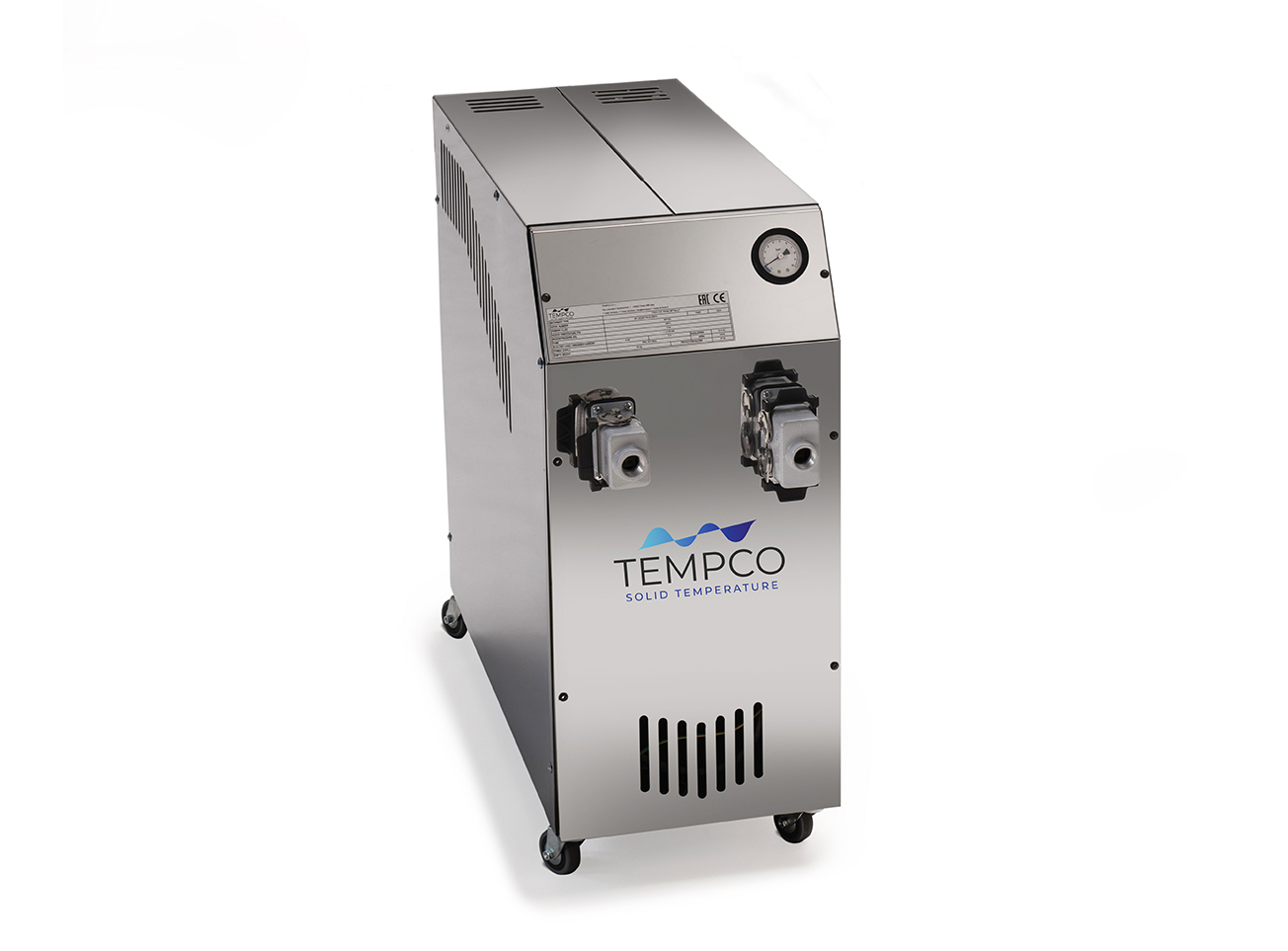 Immagine che mostra una centralina di termoregolazione T REG HC E di Tempco con struttura interamente in acciaio inox per rispondere agli elevati requisiti di precisione e igiene nei settori alimentare e farmaceutico. 