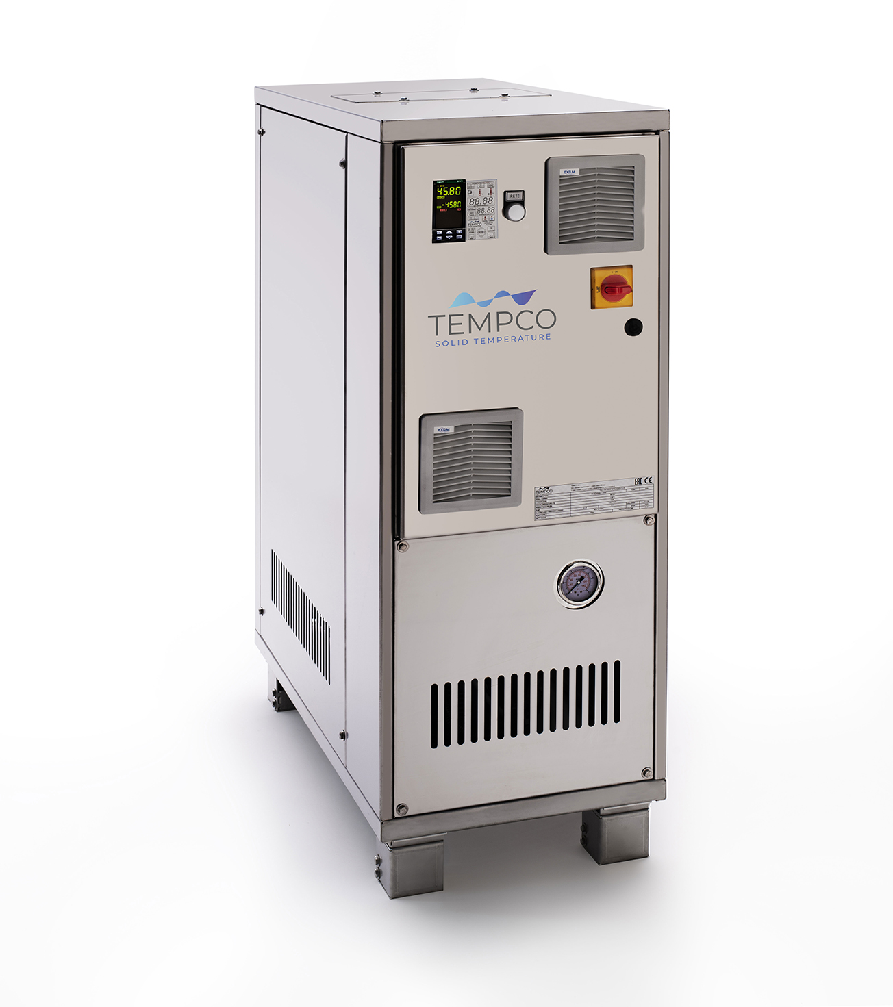 Immagine che mostra una centralina di termoregolazione T REG HC E con struttura interamente in acciaio inox per garantire elevati standard di precisione e igiene in applicazione nei settori pharma e food.