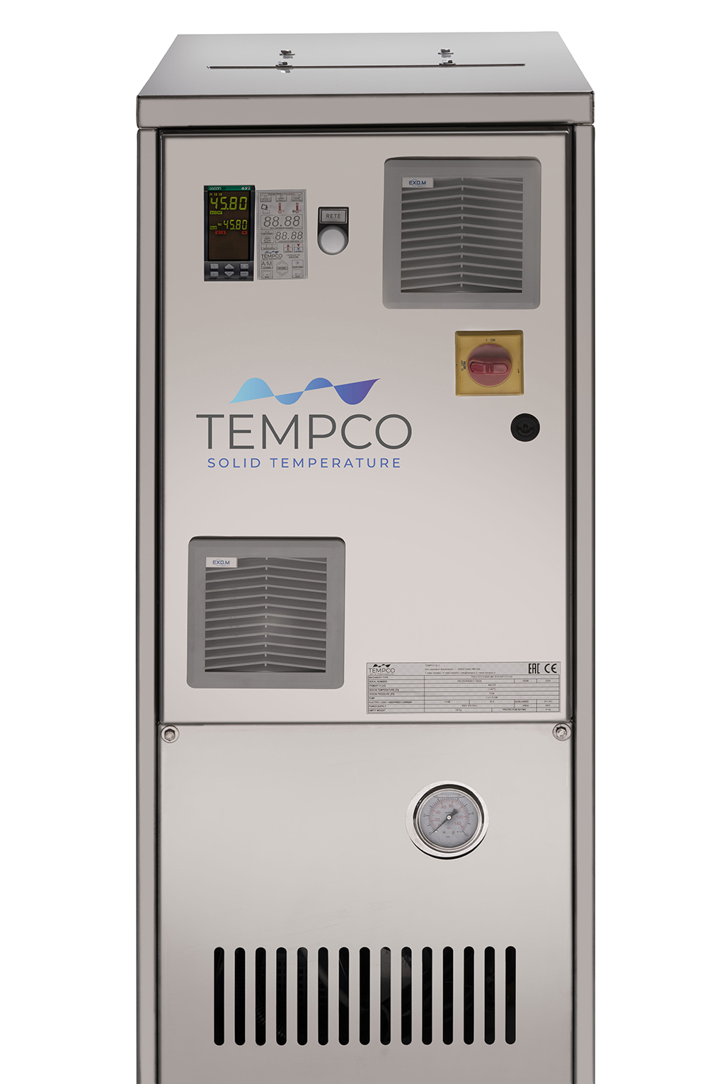 Immagine che mostra frontalmente una centralina di termoregolazione T REG HC E con struttura interamente in acciaio inox per garantire elevati standard di precisione e igiene in applicazione nei settori pharma e food.