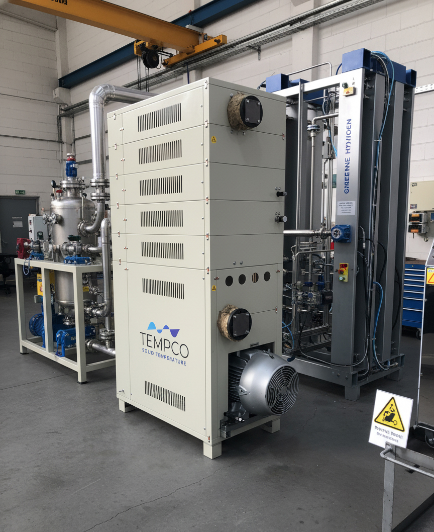 Immagine AI che illustra una centralina di termoregolazione Tempco TREG impiegata in impianto di gassificazione e pirolisi nel trattamento dei rifiuti in ottica di economia circolare.