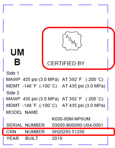 Image showing the plate with the ASME certification references with CRN code for the installation of Tempco brazed plate heat exchangers in the Canadian market.