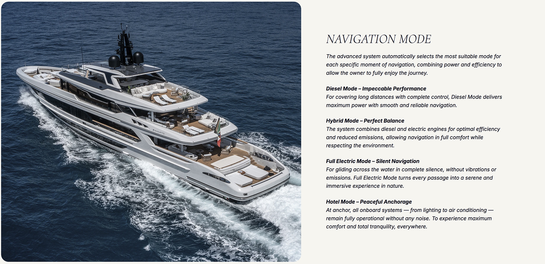 Image illustrating Baglietto's Bzero yacht for zero-emission navigation with hybrid or full electric hydrogen propulsion modes.