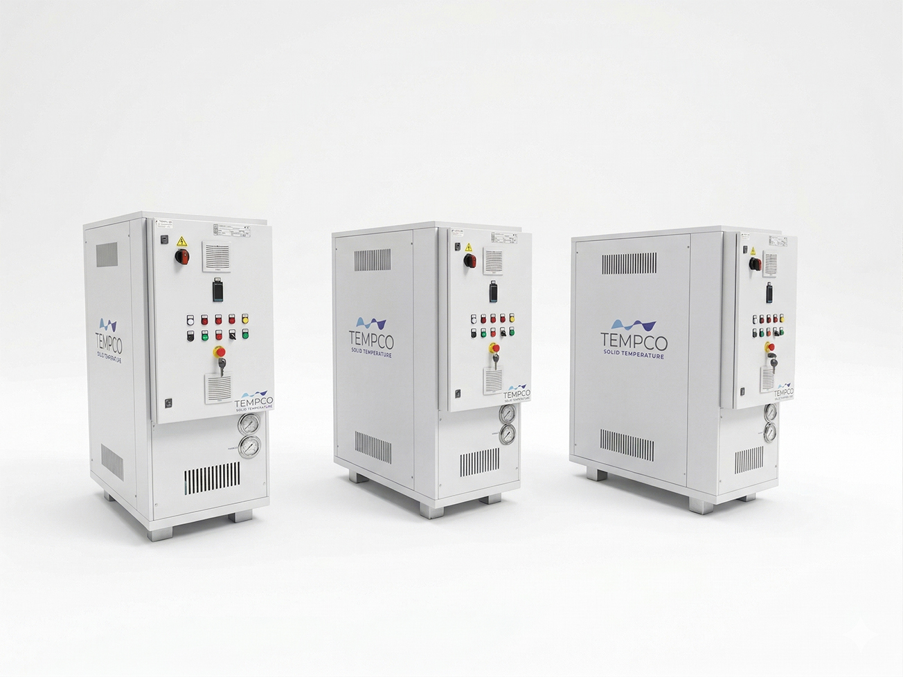 Image showing some Tempco TREG and TCU temperature control units supplied for mono-fluid thermostating of reactors in the chemical and pharmaceutical industries.