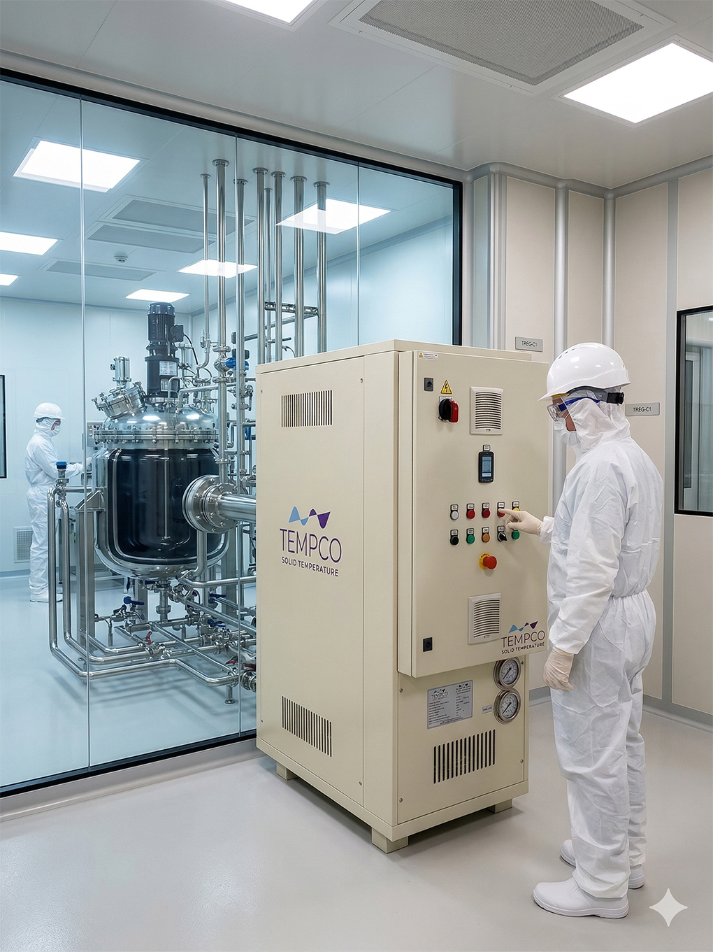 Immagine AI che illustra una tipica applicazione nel settore farmaceutico delle centraline di termoregolazione TREG di Tempco per la termostatazione monofluido di reattori di produzione. 