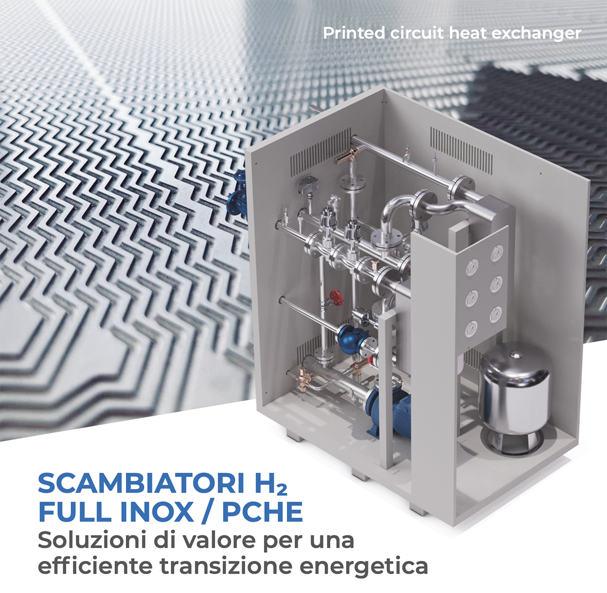 Image showing a PCHE exchanger for high-pressure hydrogen cooling and applications in the hydrogen supply chain.