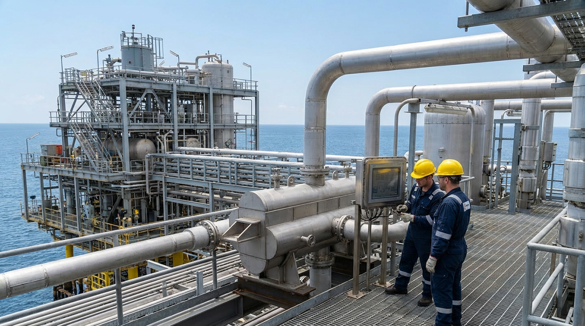 AI image illustrating the applications of PCHE exchangers in the oil & gas sector, such as turbine preheaters and gas cooling on GLN extraction platforms.