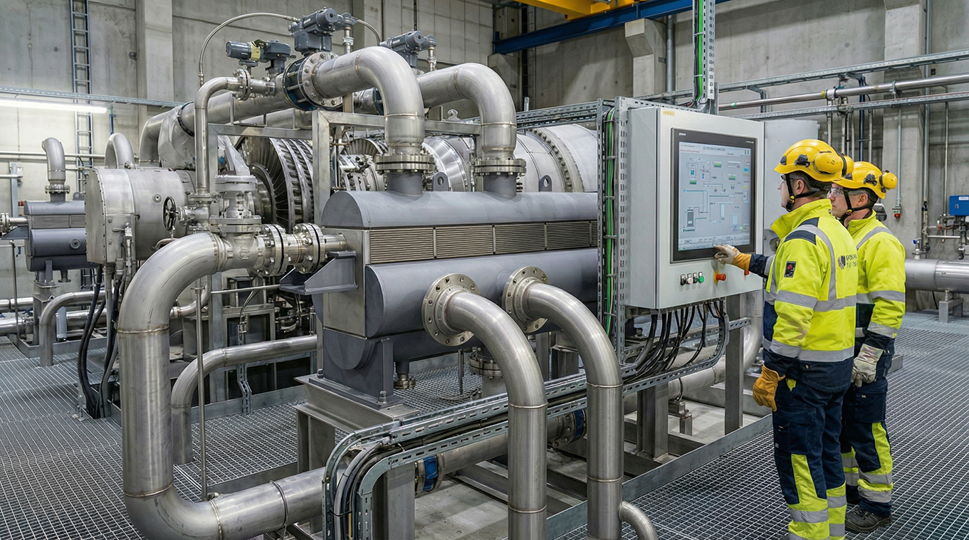 AI image illustrating the applications of PCHE exchangers in oil and gas plants as gas turbine performance heater, offering efficiency, compactness, greater operational stability, and increased performance.