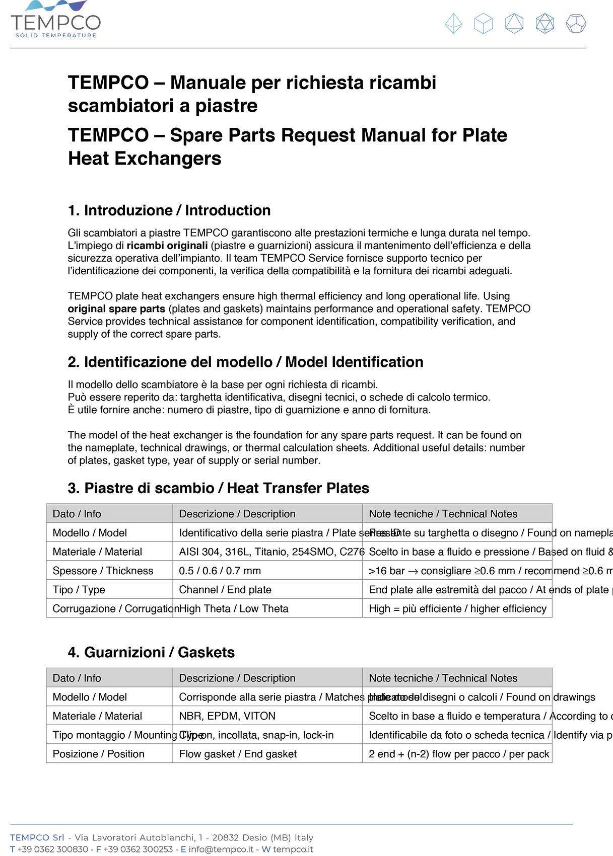 Image showing the Tempco Guide to selecting spare parts for plate heat exchangers.