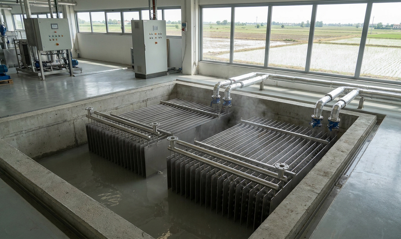 Image showing arrays of custom immersion plate heat exchangers in an equalization tank, designed for energy saving through heat recovery from wastewater generated during rice production.